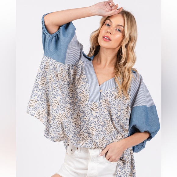 Boho Floral Print Puff Sleeve Tunic Top - Picture 3 of 7